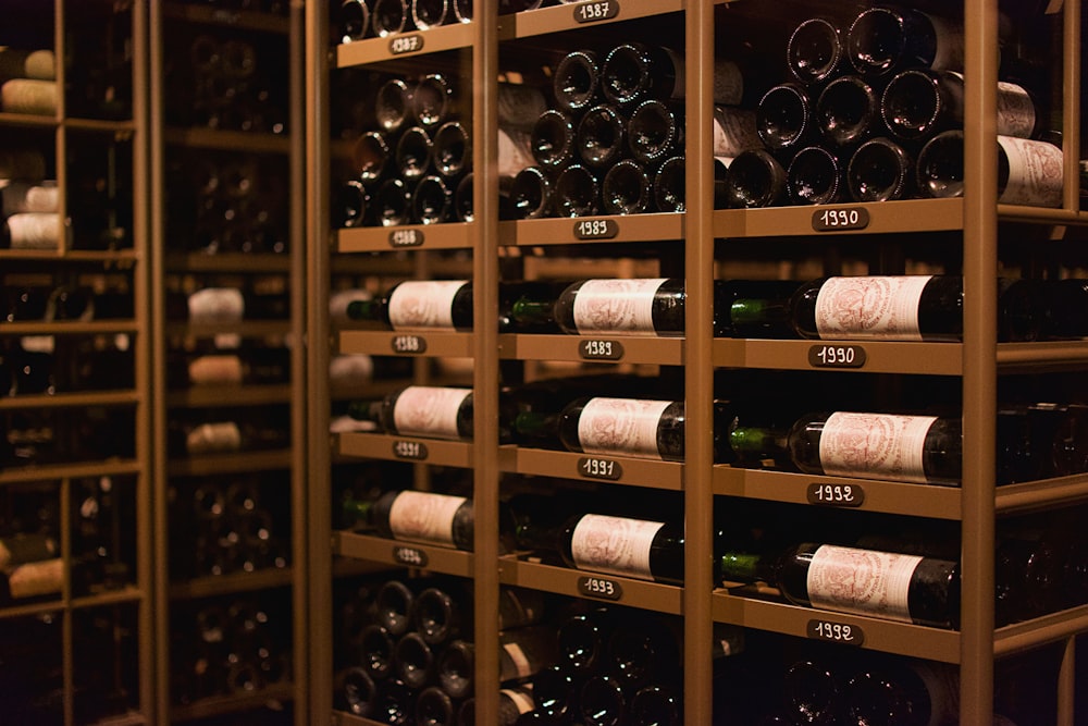 Wine cellar shelves lined with aged, labeled vintage bottles